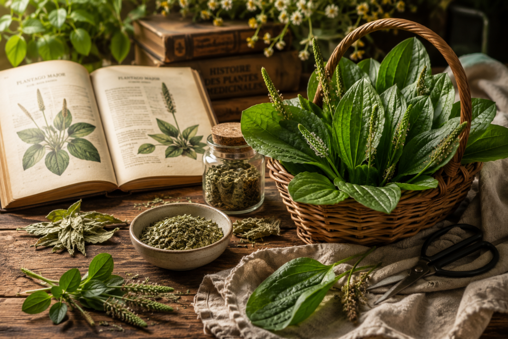 Folhas frescas e secas de Tanchagem organizadas sobre uma mesa rústica ao lado de um livro botânico e utensílios naturais.