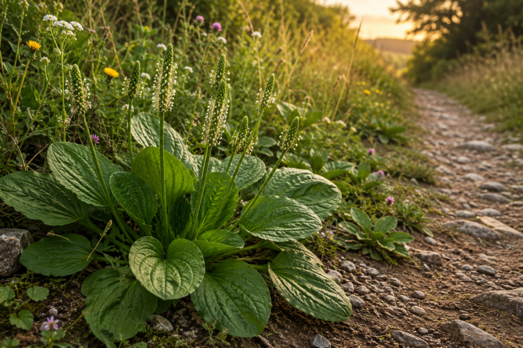 Tanchagem (Plantago major) crescendo espontaneamente à margem de uma trilha em meio à vegetação natural.
