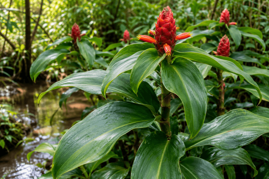 Cana-do-brejo (Costus spicatus) crescendo em ambiente úmido, com folhas verdes brilhantes e inflorescências vermelhas.