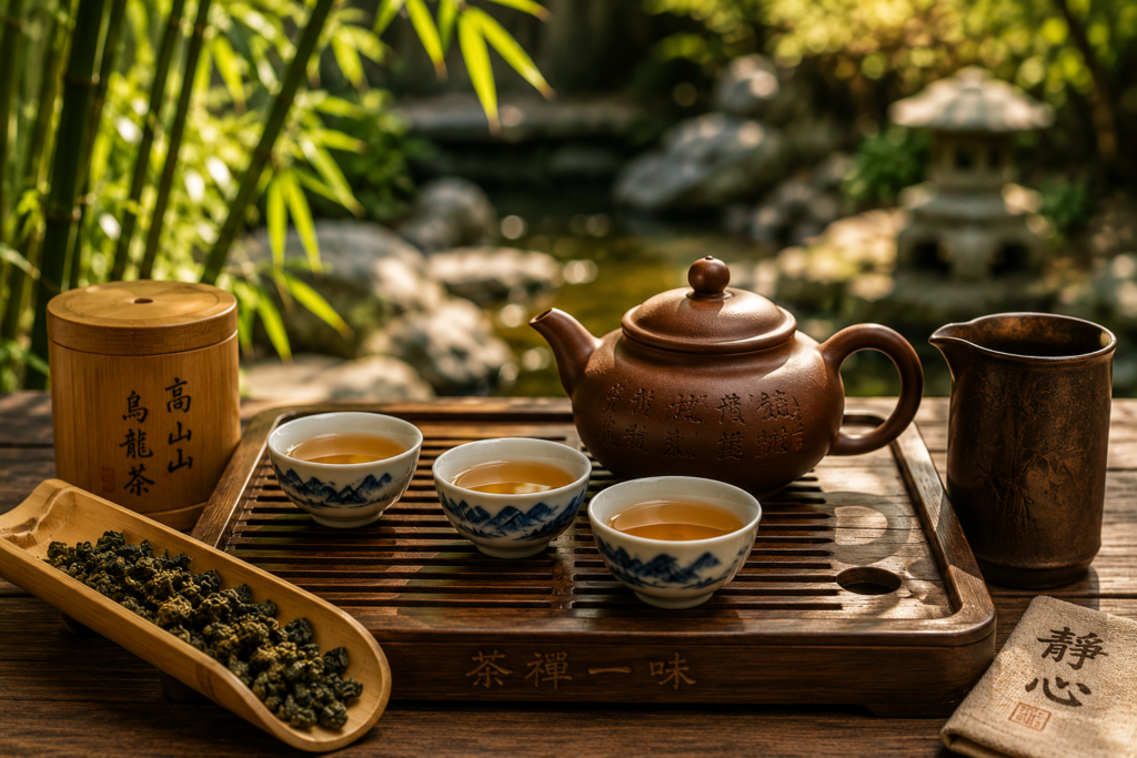 Cerimônia tradicional do Chá Oolong com bule de barro Yixing, pequenas xícaras de porcelana e bandeja de chá diante de um jardim oriental.
