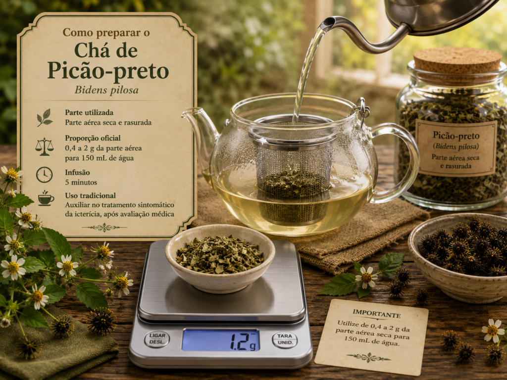 Chá de Picão-preto: benefícios, preparo e cuidados | Benverde Preparo do Chá de Picão-preto com parte aérea seca, balança culinária, infusor de metal, bule de vidro e água quente.