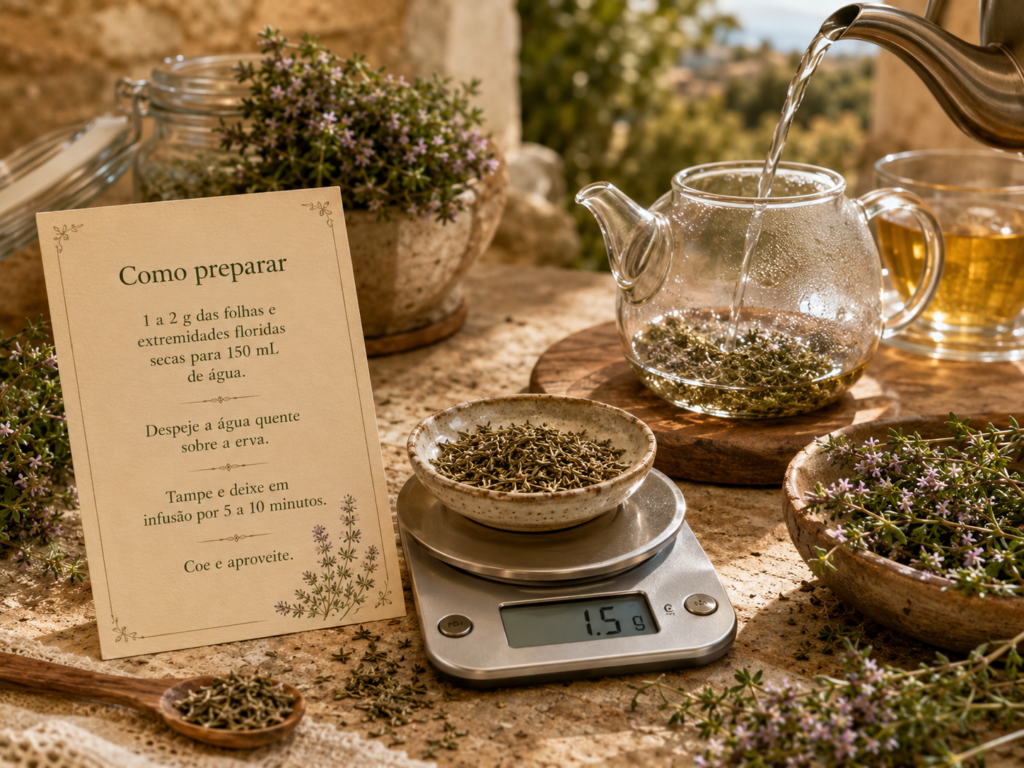 Preparo do Chá de Tomilho com 1,5 grama de folhas e extremidades floridas secas, balança culinária, bule de vidro e água quente.
