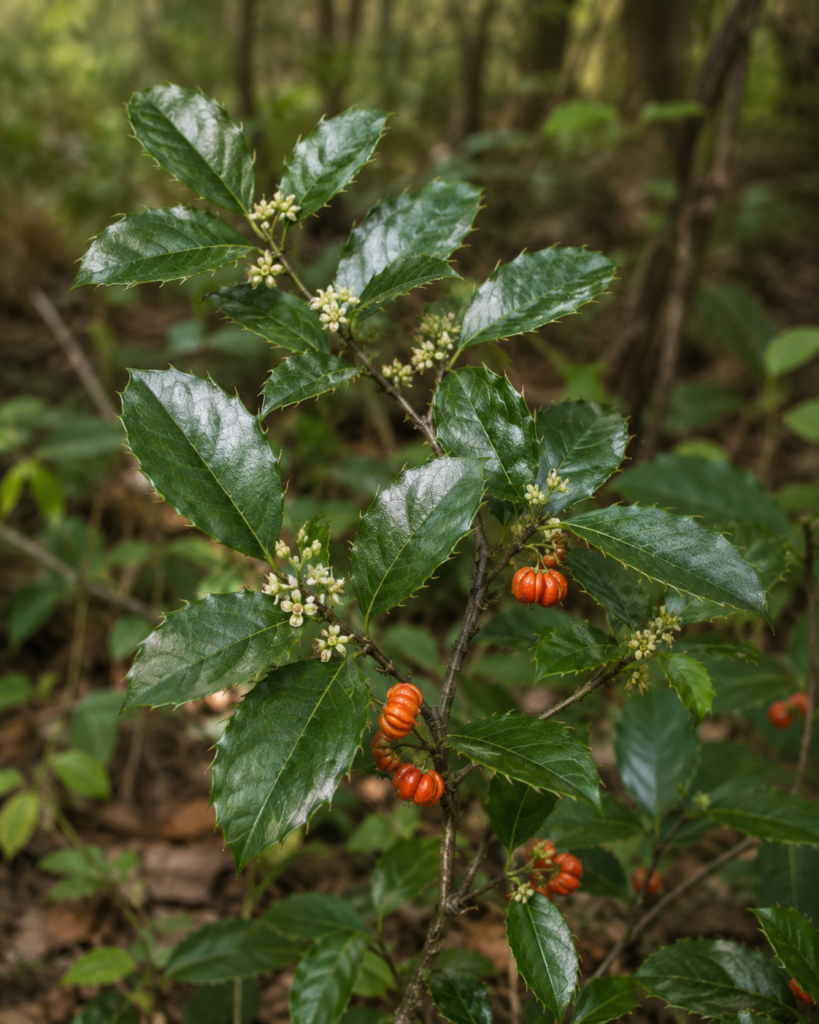 Arbusto de espinheira-santa crescendo em ambiente natural de floresta brasileira.