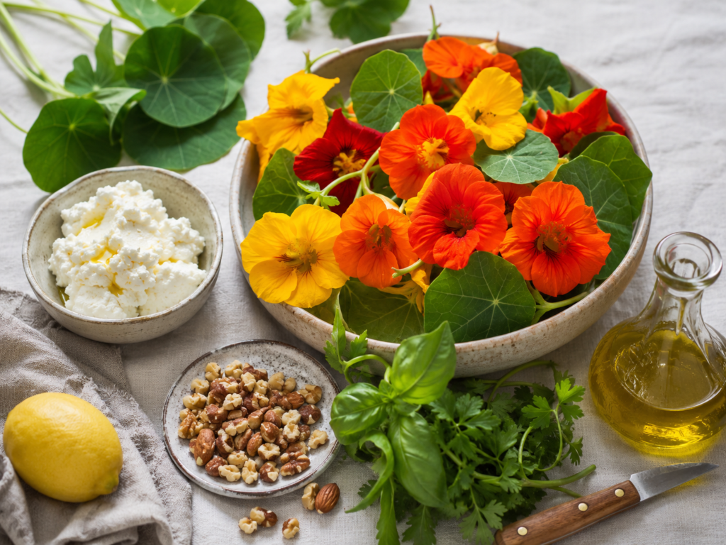 Flores de Capuchinha Recheadas com Ricota, Ervas e Castanhas | Benverde Flores e folhas de capuchinha com ricota, castanhas, ervas frescas, limão e azeite organizados para o preparo da receita.