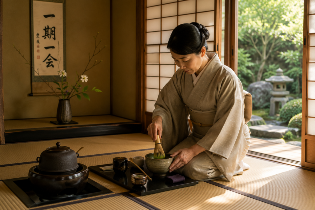 Cerimônia japonesa do chá com preparação tradicional do Matchá em uma sala de tatame, utilizando chawan, chasen e chashaku diante de um jardim japonês.