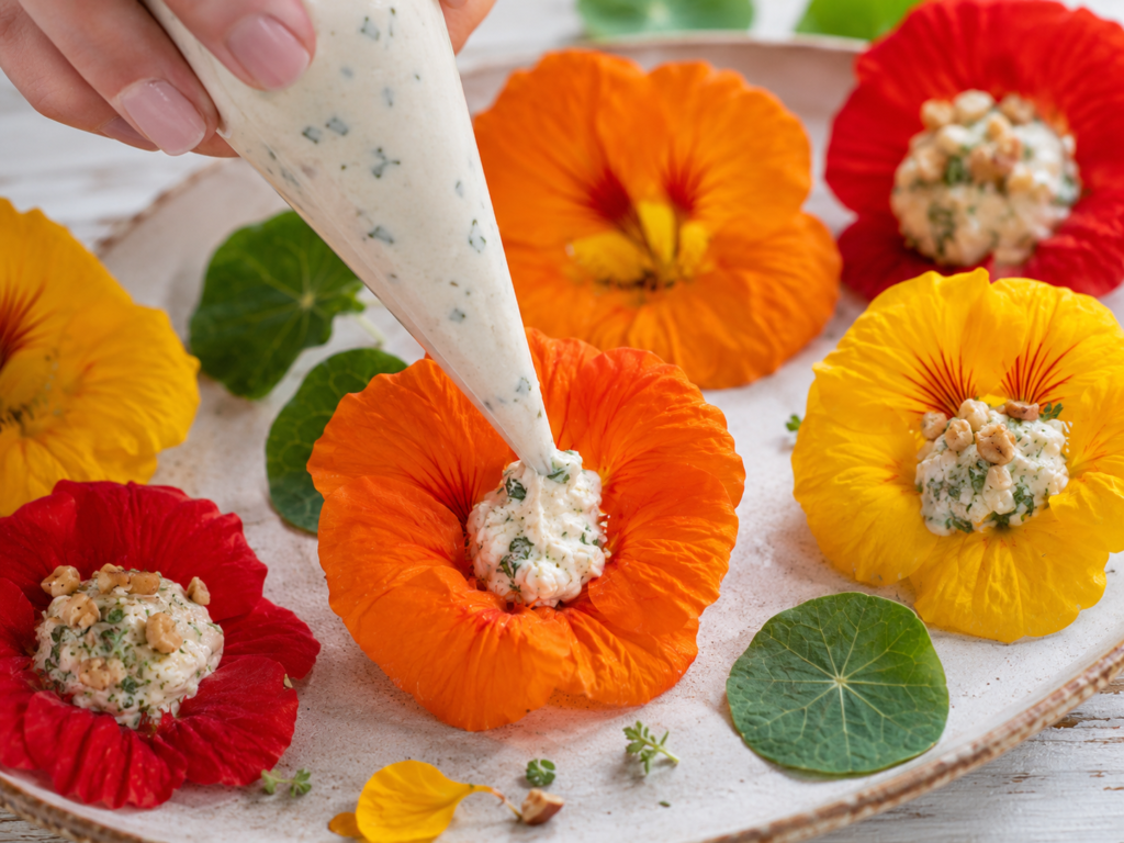 Flores de Capuchinha Recheadas com Ricota, Ervas e Castanhas | Benverde Flor de capuchinha sendo recheada cuidadosamente com creme de ricota, ervas e castanhas usando saco de confeitar.