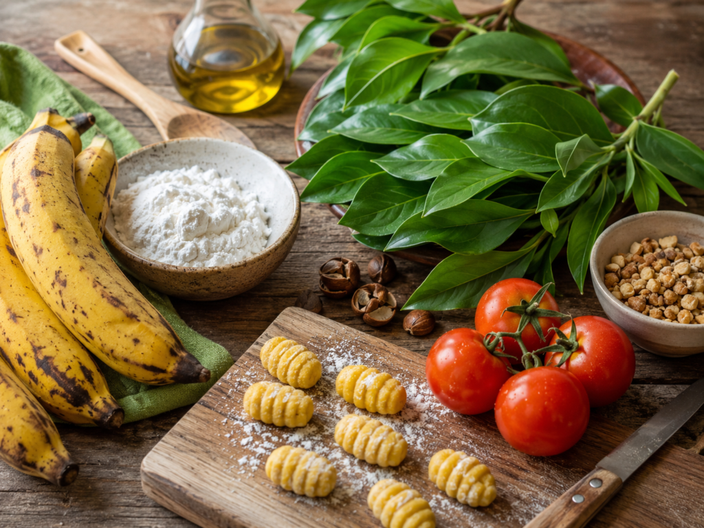 Ingredientes organizados para preparar nhoque de banana-da-terra com pesto de ora-pro-nóbis, incluindo bananas, folhas frescas, tomates e castanhas.