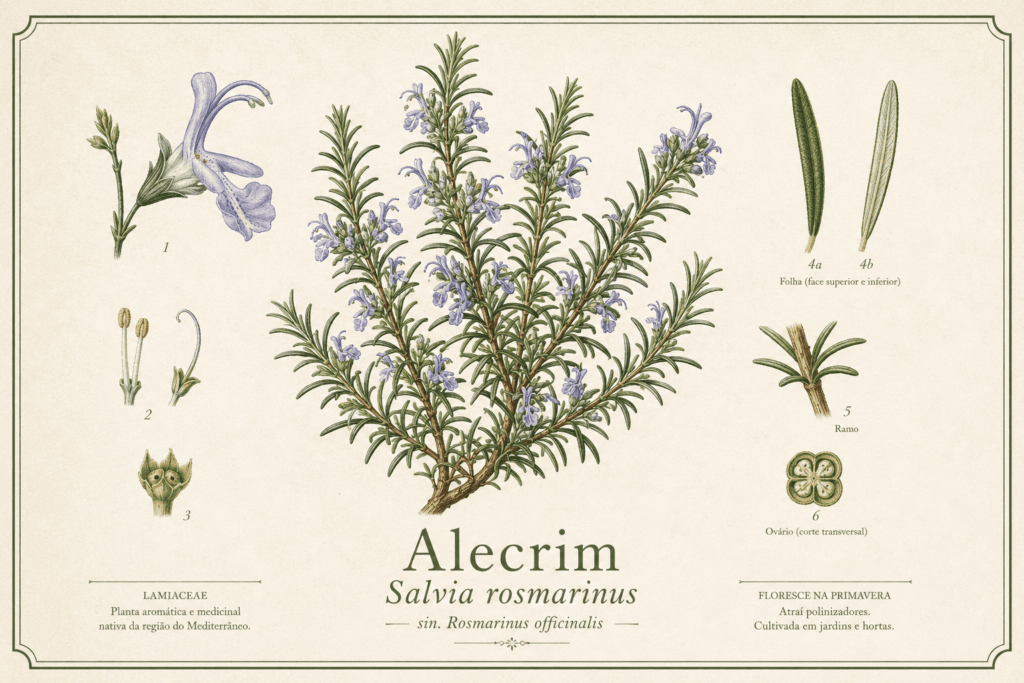 Ilustração botânica do alecrim, Salvia rosmarinus, com ramos floridos e detalhes das folhas, flores, caule e ovário.