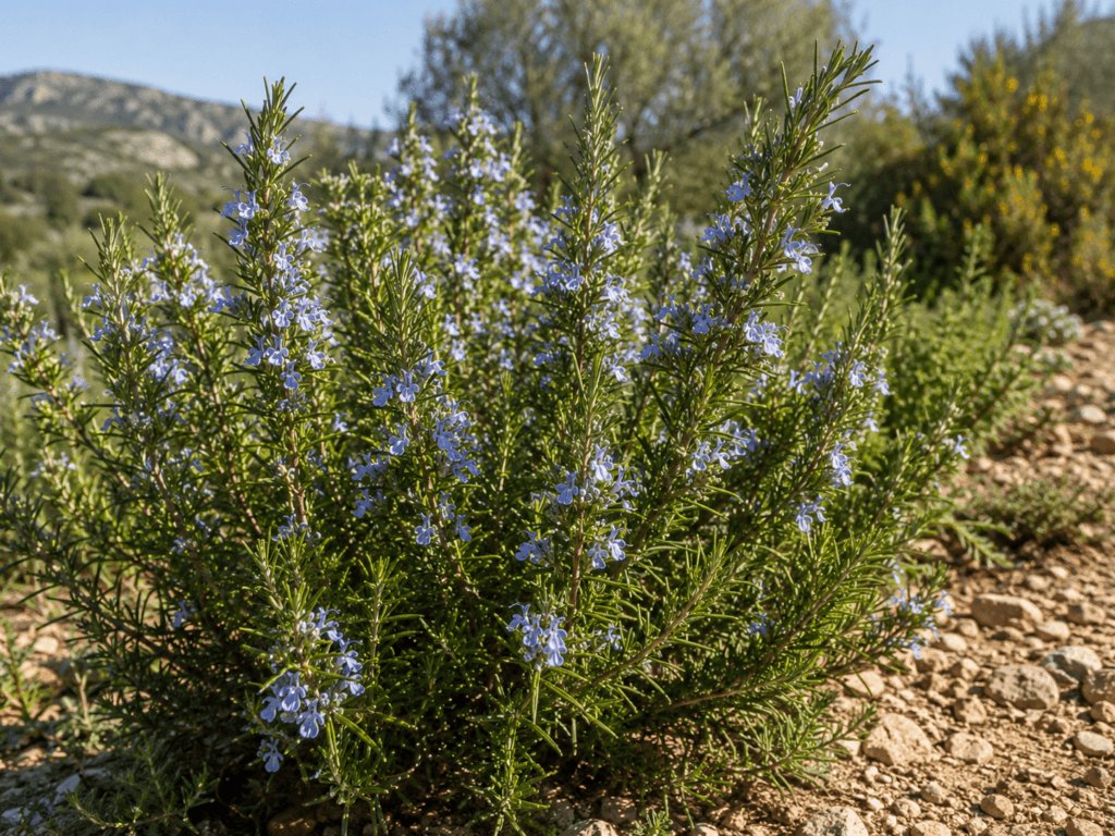 Arbusto de alecrim florido crescendo em solo seco e pedregoso, com folhas estreitas e pequenas flores azuladas.