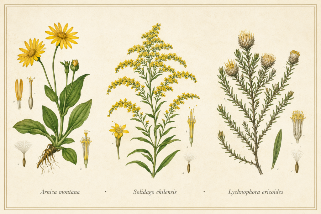 Prancha botânica comparativa com Arnica montana, Solidago chilensis e Lychnophora ericoides, mostrando diferentes espécies associadas ao nome arnica.