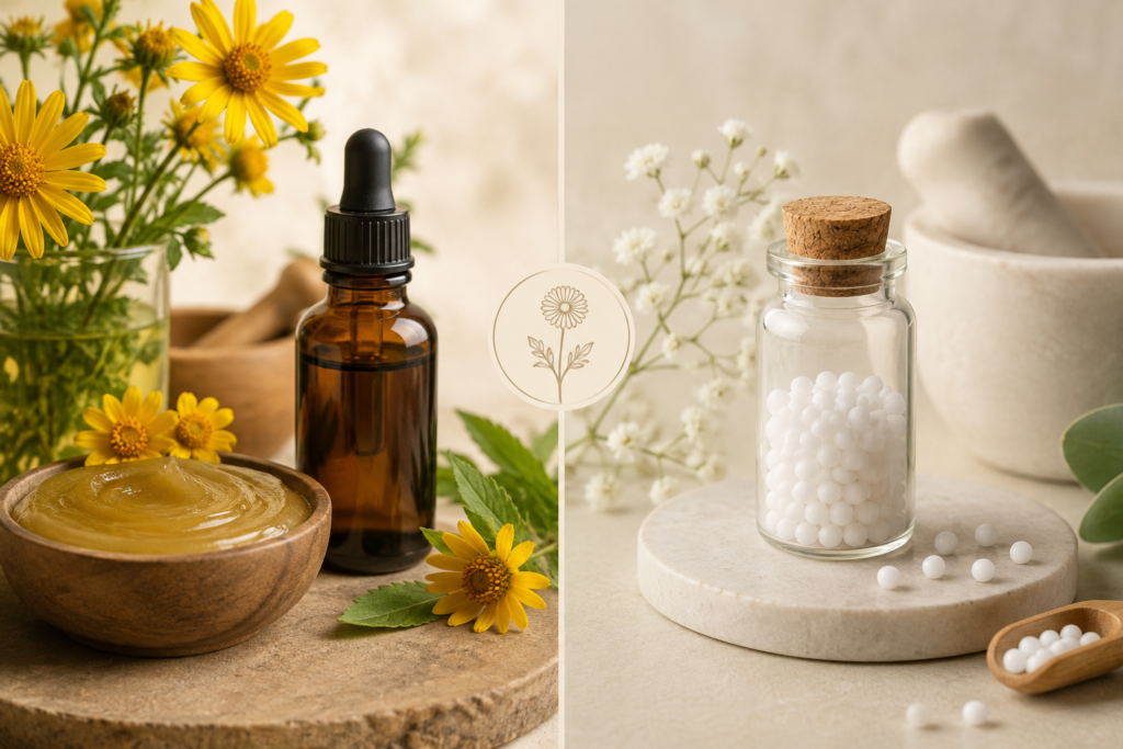 Imagem comparativa entre arnica fitoterápica, com flores, frasco e pomada, e arnica homeopática, representada por frasco com glóbulos brancos.