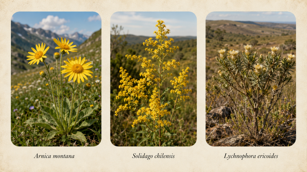 Tríptico com Arnica montana, Solidago chilensis e Lychnophora ericoides fotografadas em seus ambientes naturais, com legenda dos nomes científicos.