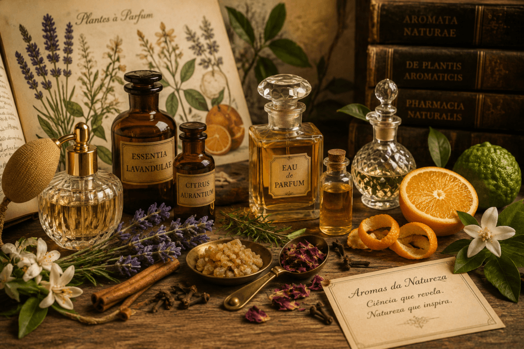 Frascos de perfume e essências cercados por lavanda, cítricos, flores e especiarias em composição botânica vintage