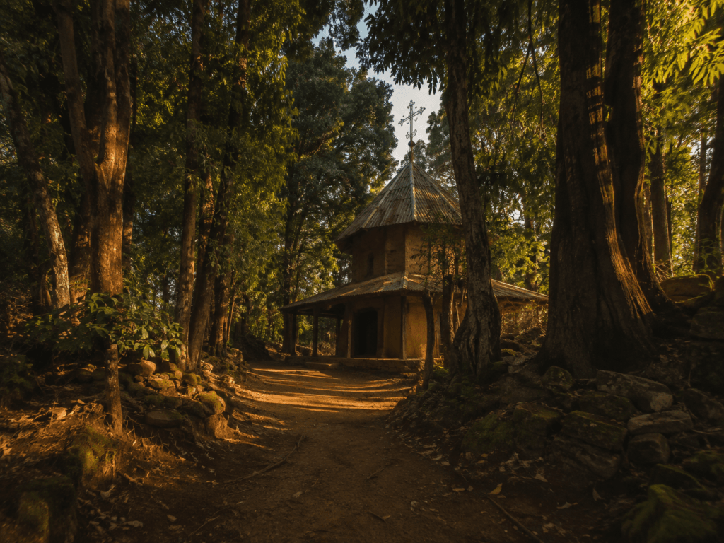 Igreja ortodoxa etíope cercada por árvores em uma floresta de igreja