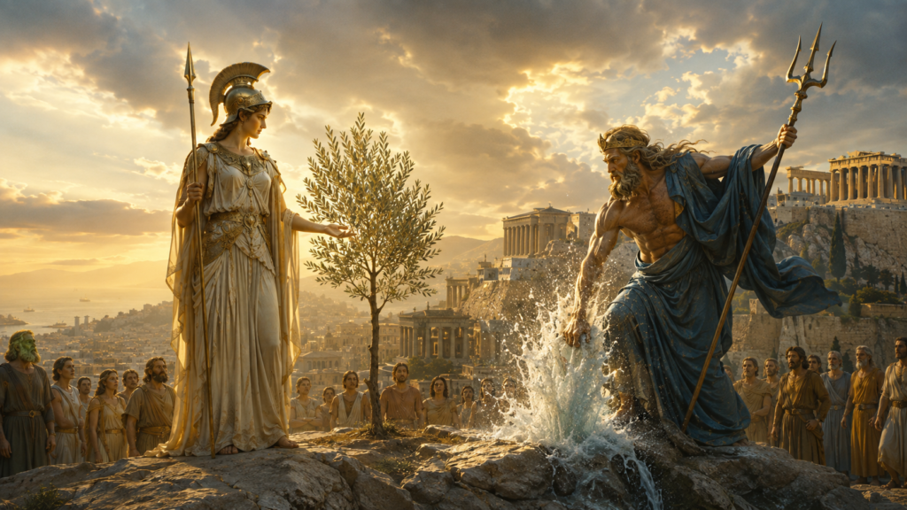 Atena oferece uma oliveira enquanto Poseidon faz surgir água da rocha diante dos habitantes da antiga Atenas.