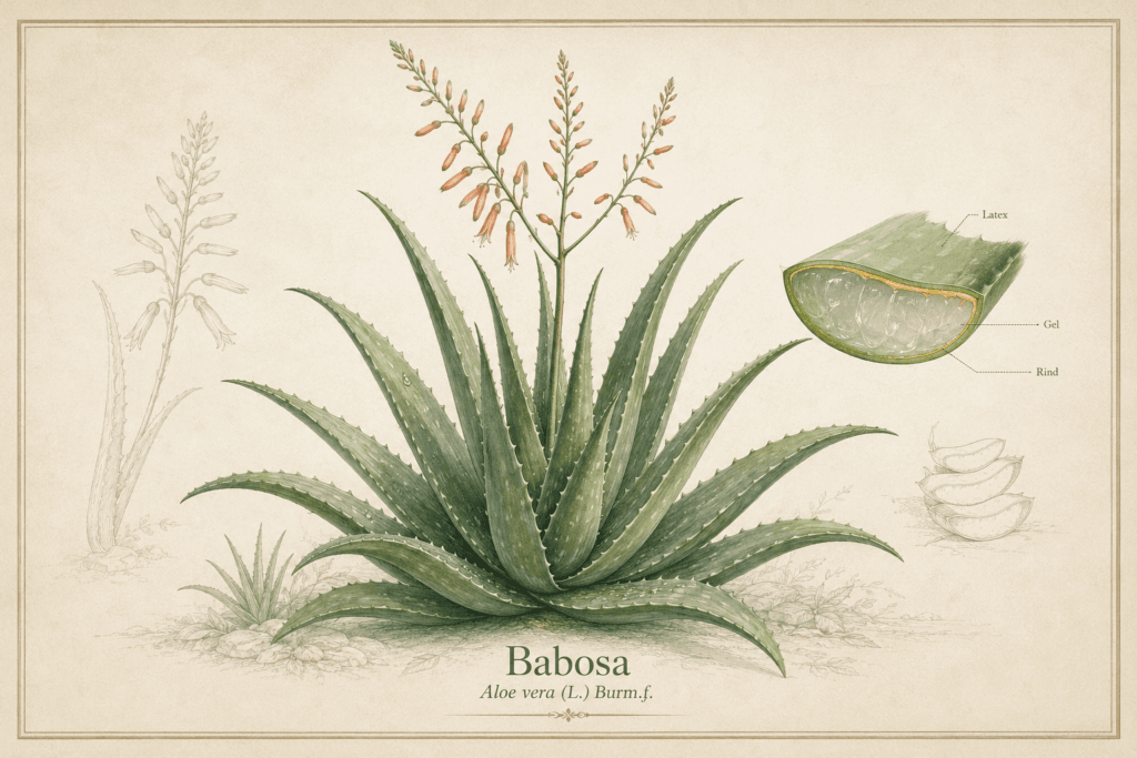Ilustração botânica da babosa, Aloe vera, com planta florida e corte da folha mostrando casca, látex e gel interno.