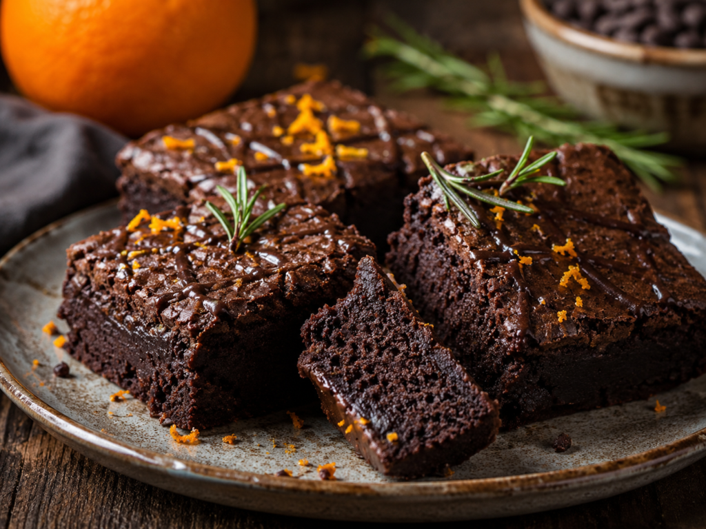 Brownie de feijão-preto servido em pedaços, com raspas de laranja e ramos de alecrim sobre prato de cerâmica artesanal.