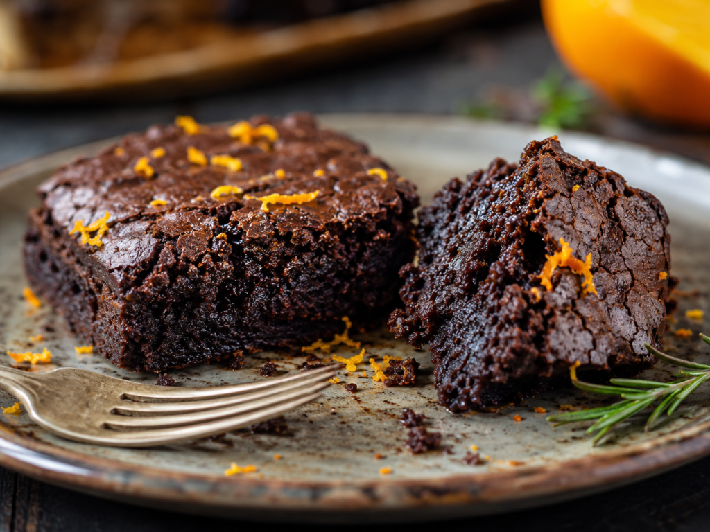 Close-up de brownie de feijão-preto mostrando a textura úmida e densa, com raspas de laranja e alecrim.