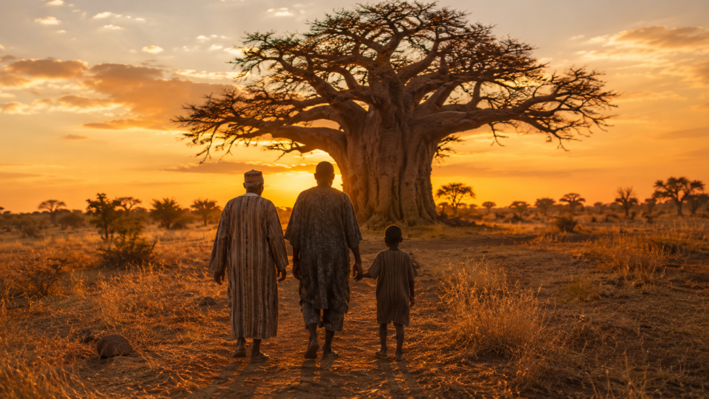 Pessoa idosa, adulto e criança caminham em direção a um grande baobá ao entardecer em paisagem africana.