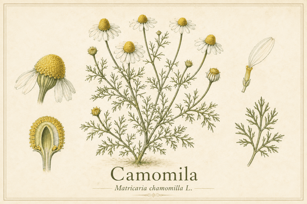 Prancha botânica da camomila (Matricaria chamomilla) com planta, flores, folhas e detalhe do receptáculo floral cônico e oco.