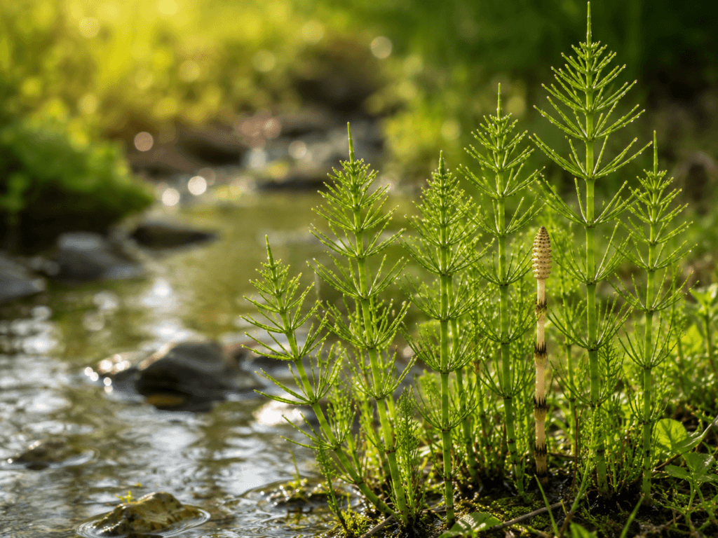 Cavalinha (Equisetum arvense) crescendo à margem de um riacho em ambiente úmido.