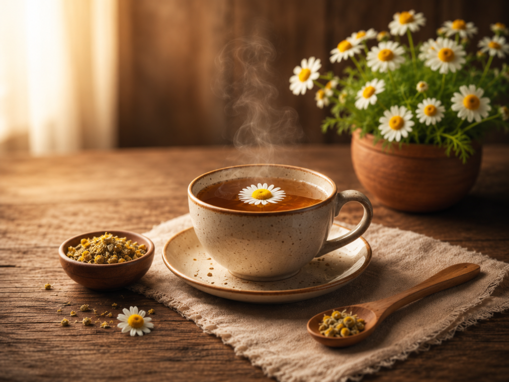 Xícara de chá de camomila com flores secas e camomila fresca em ambiente acolhedor.