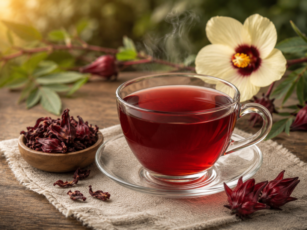 Xícara de chá de hibisco coado, de cor rubi intensa, em mesa clara com cálices secos ao lado e flor de hibisco ao fundo.
