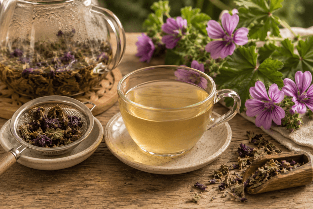 Xícara de chá de malva coado ao lado de coador com folhas e flores utilizadas