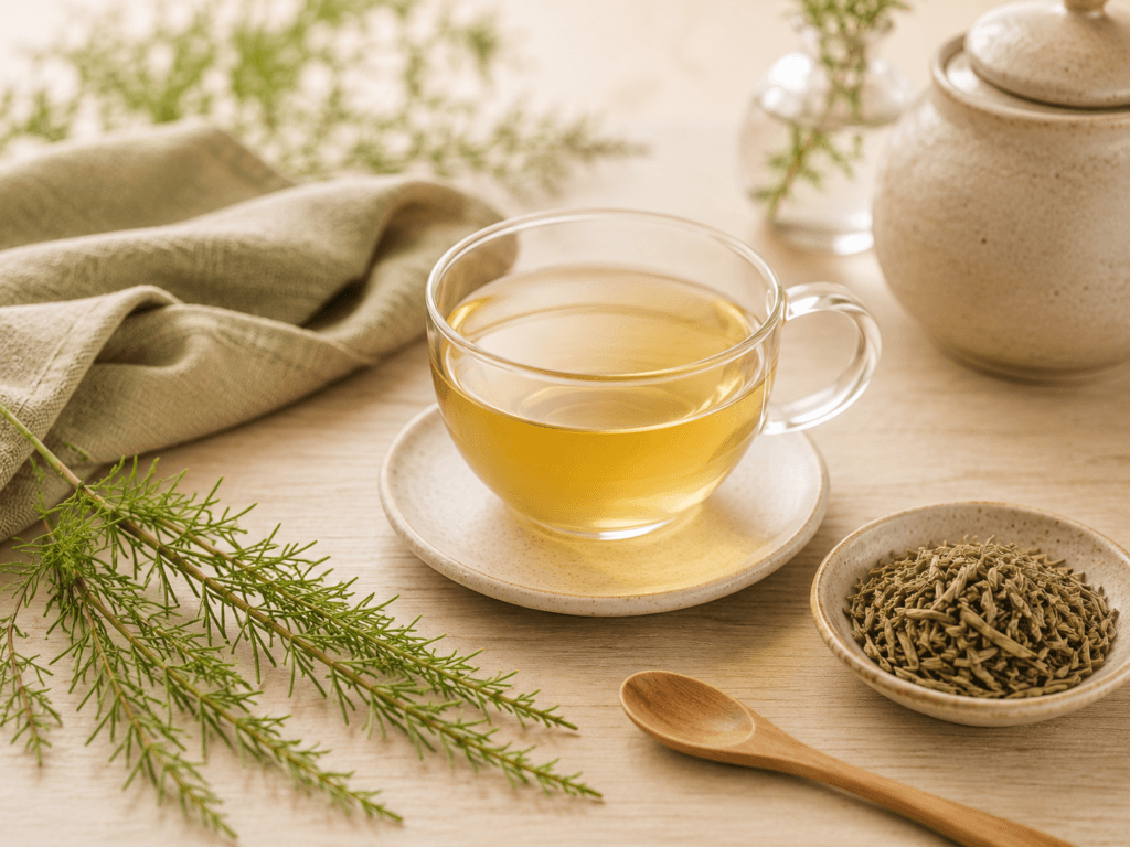 Chá de cavalinha coado com erva seca e ramos de Equisetum arvense em composição natural.