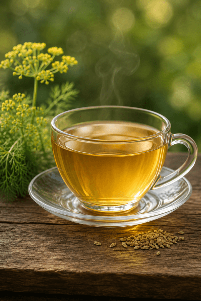Xícara de chá de erva-doce coado, com infusão dourada, flores amarelas e frutos de Foeniculum vulgare ao lado.