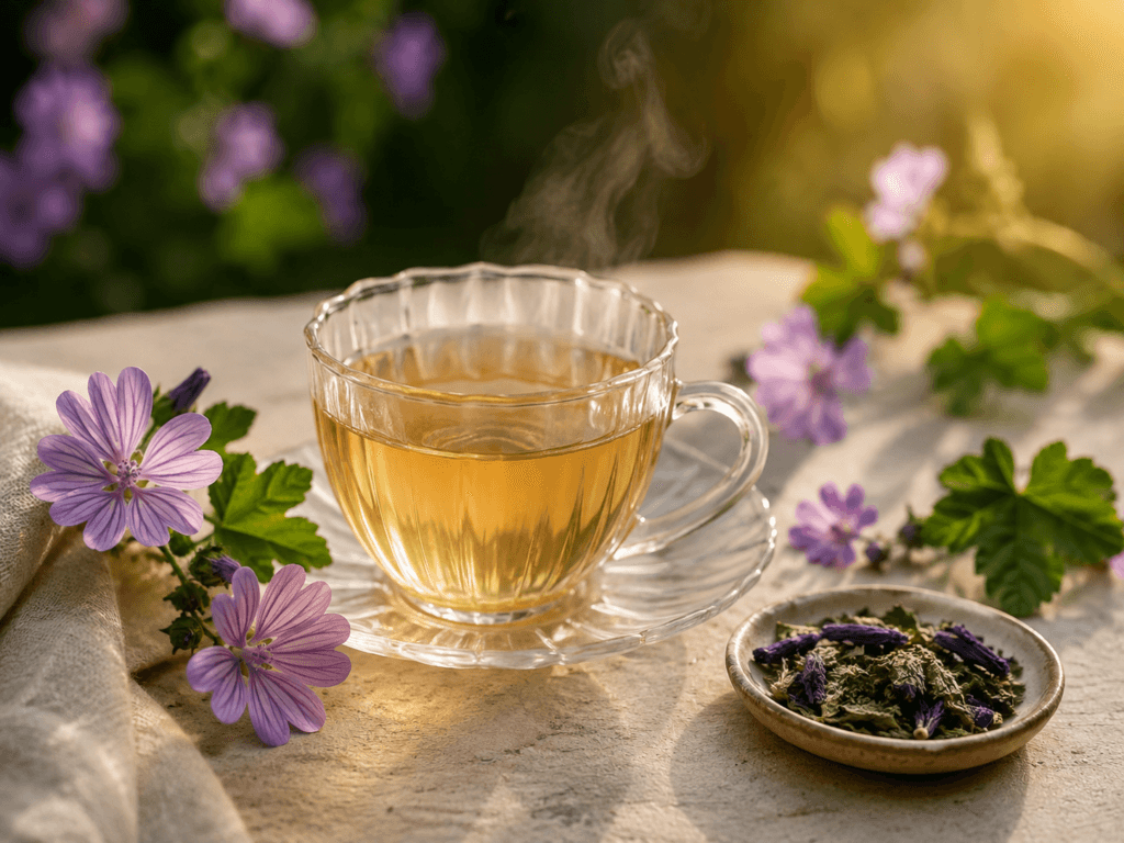 Xícara de chá de malva com flores e folhas de Malva sylvestris ao redor