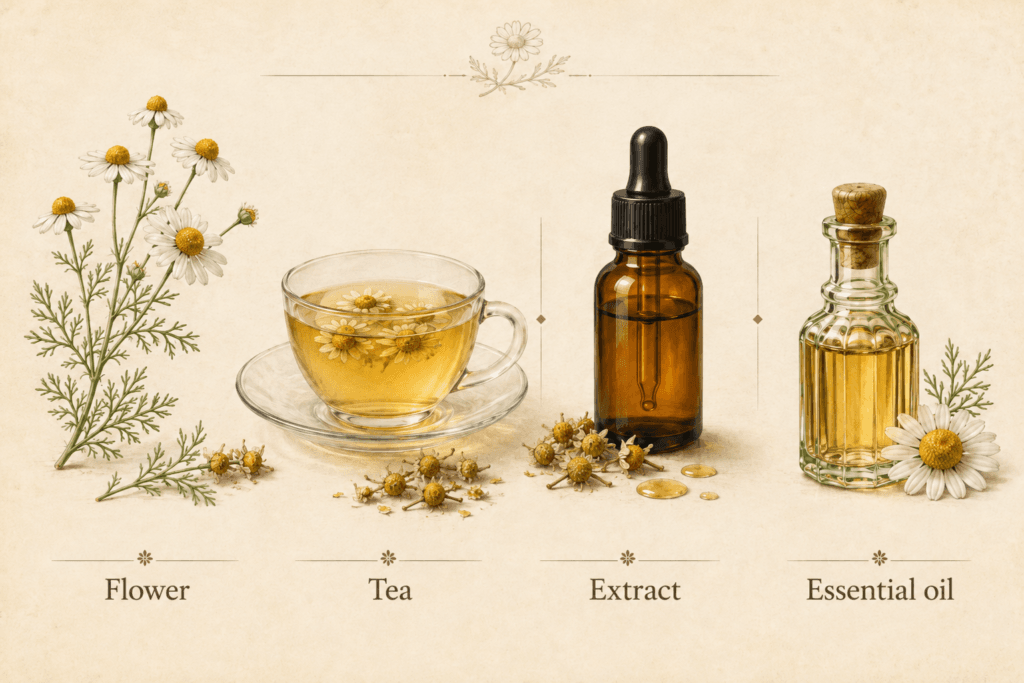 Comparison of chamomile flower, herbal tea, extract and essential oil as different preparations of Matricaria chamomilla.