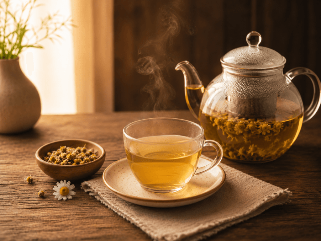 Bule com flores secas de camomila em infusão ao lado de uma xícara com o chá de camomila já coado.