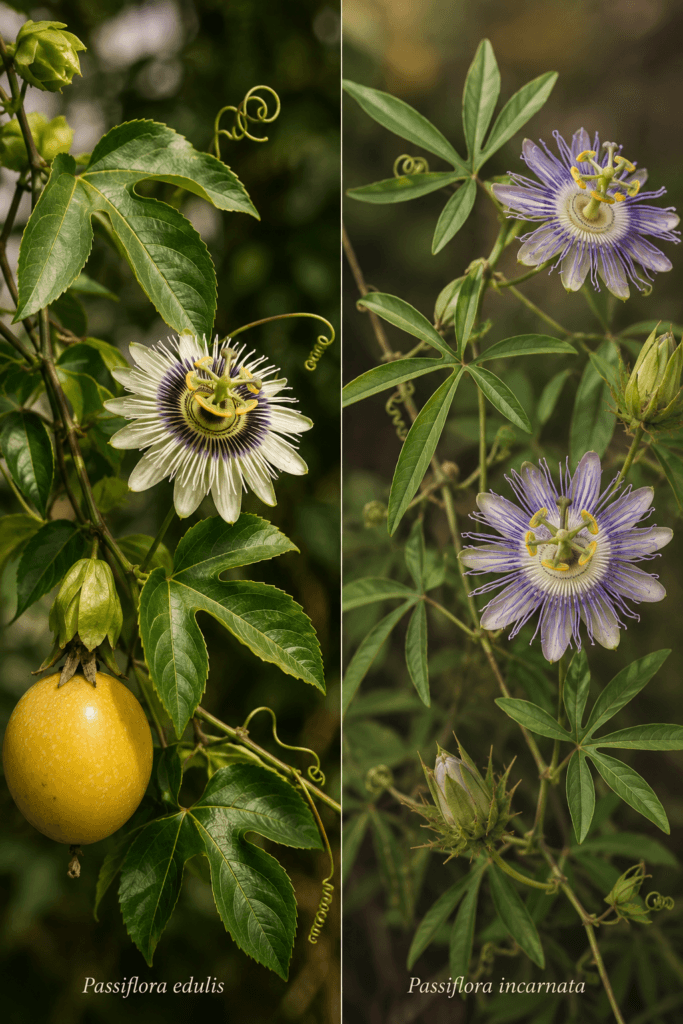 Comparação visual entre Passiflora edulis e Passiflora incarnata, mostrando flores, folhas e hábito trepador das duas espécies.