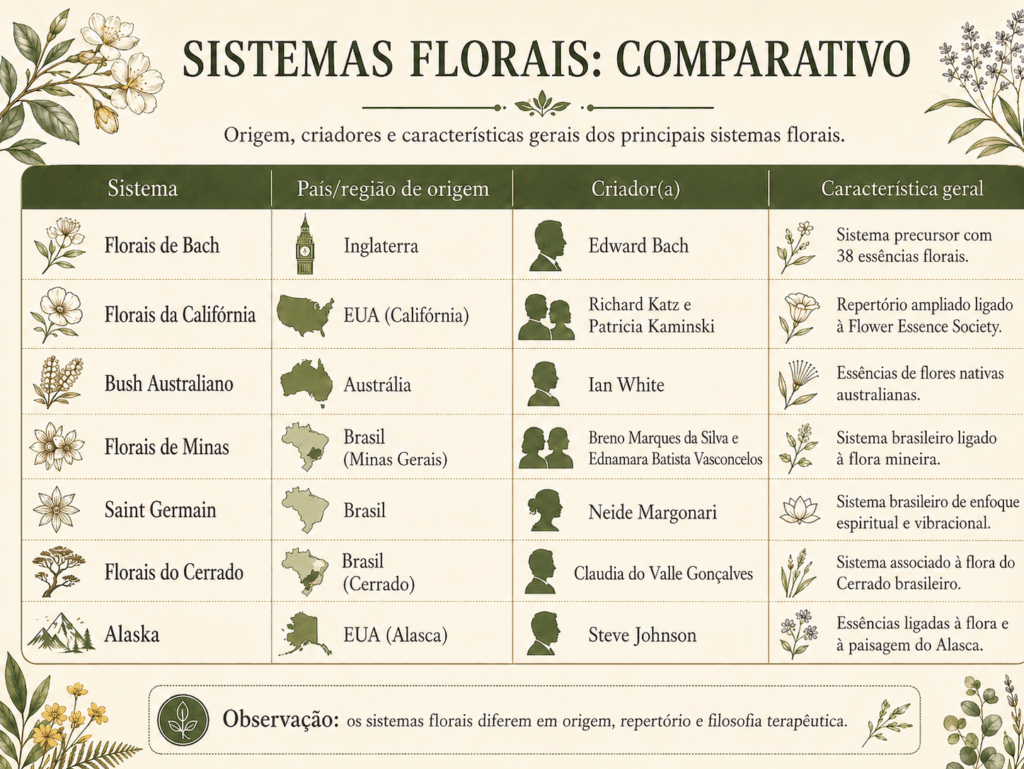 Infográfico comparando Florais de Bach, Califórnia, Bush Australiano, Minas, Saint Germain, Cerrado e Alaska