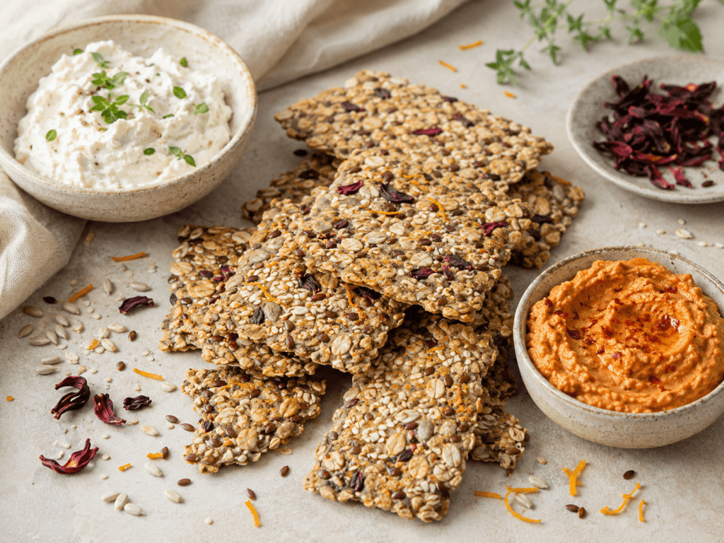 Crackers de sementes com hibisco acompanhados de pasta suave de ricota e pasta picante de feijão-branco