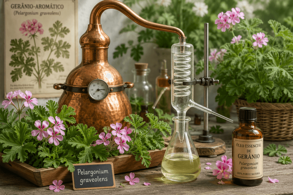Equipamento de destilação junto a folhas e flores de gerânio-aromático e frasco de óleo essencial