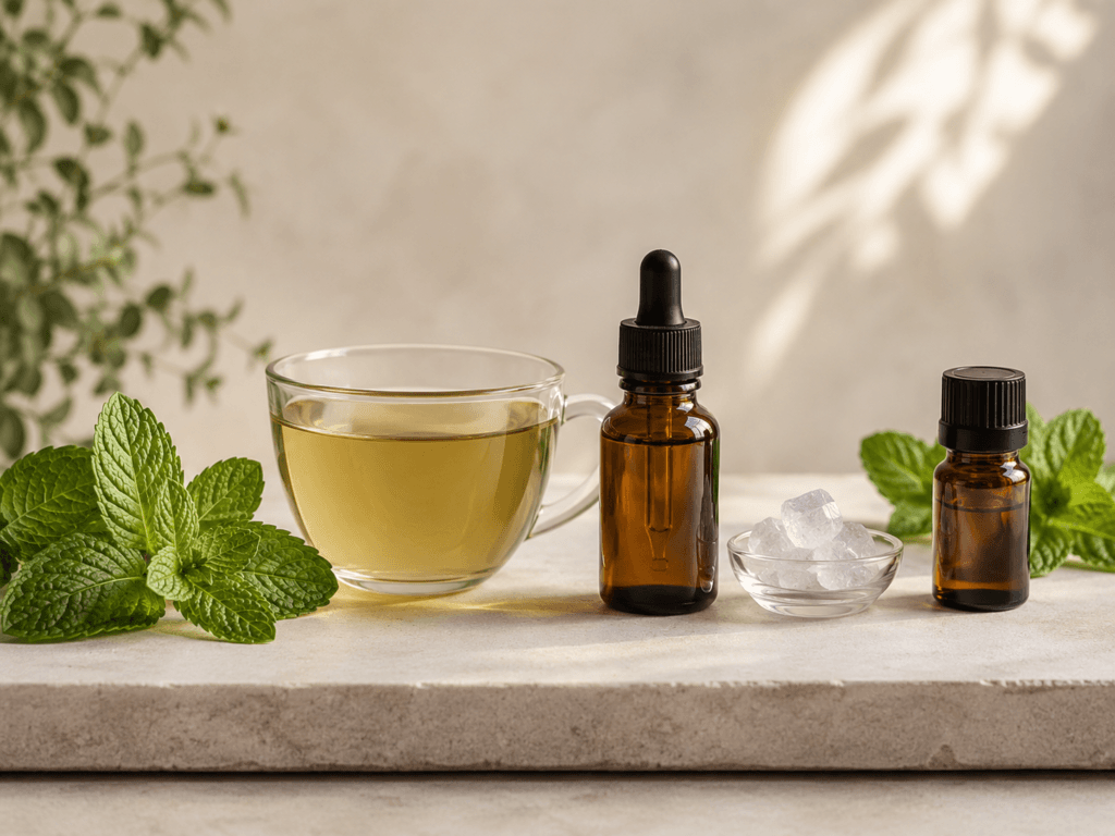Folhas frescas de hortelã, xícara de infusão coada, frasco de extrato, cristais de mentol e frasco de óleo essencial.