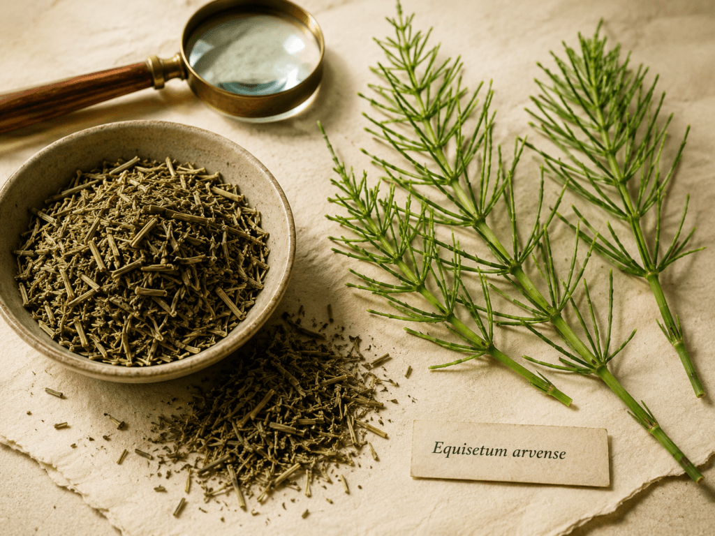 Cavalinha fresca e seca ao lado de lupa e identificação botânica Equisetum arvense.