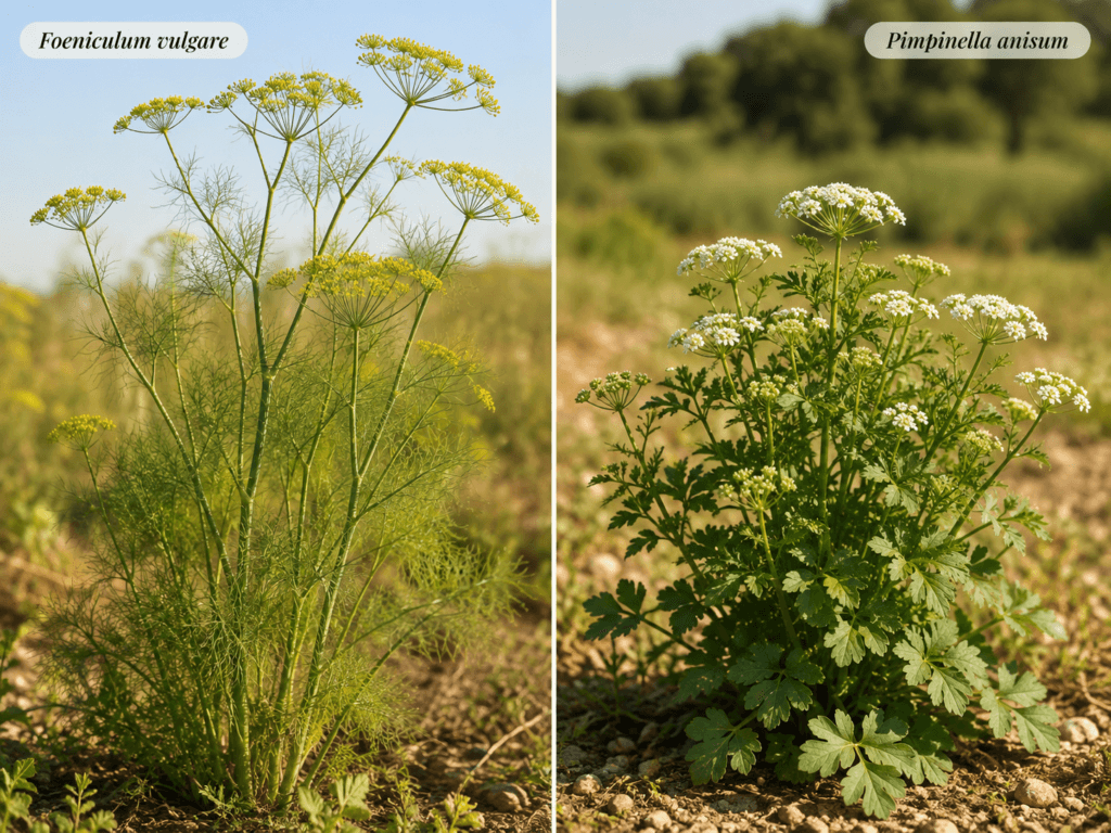 Comparação entre Foeniculum vulgare, com folhas finas e flores amarelas, e Pimpinella anisum, com folhas mais largas e flores brancas.