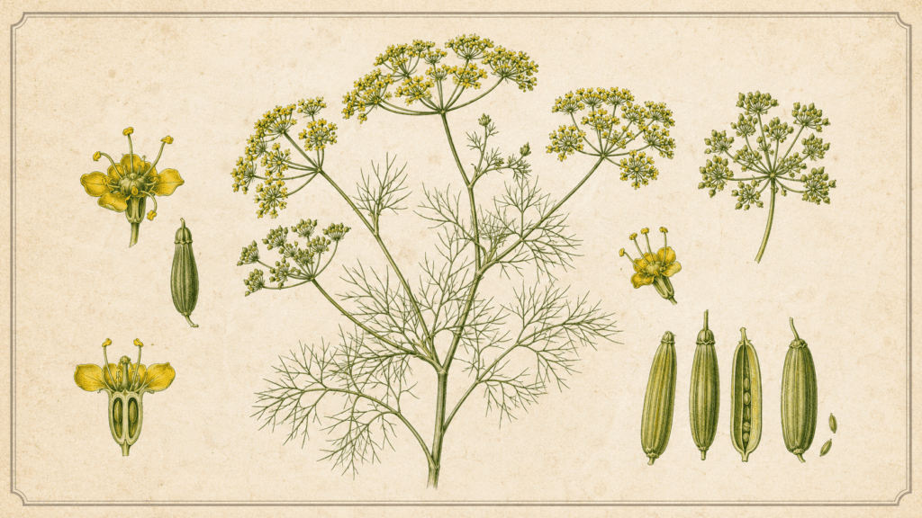 Gravura botânica de erva-doce (Foeniculum vulgare) com folhas finas, flores amarelas em umbelas e frutos da espécie.