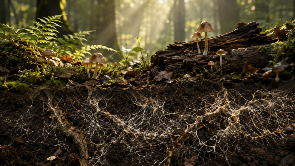 Fantastic Fungi: o universo invisível que sustenta a vida na Terra | Benverde Cogumelos sobre o solo da floresta com rede de micélio visível abaixo da terra, em uma cena inspirada no universo de Fantastic Fungi.