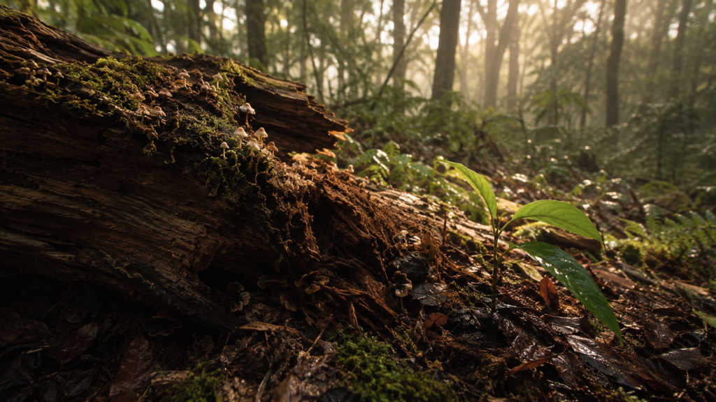 Fantastic Fungi: o universo invisível que sustenta a vida na Terra | Benverde Tronco em decomposição coberto por pequenos fungos em uma floresta, ao lado de uma muda verde crescendo.