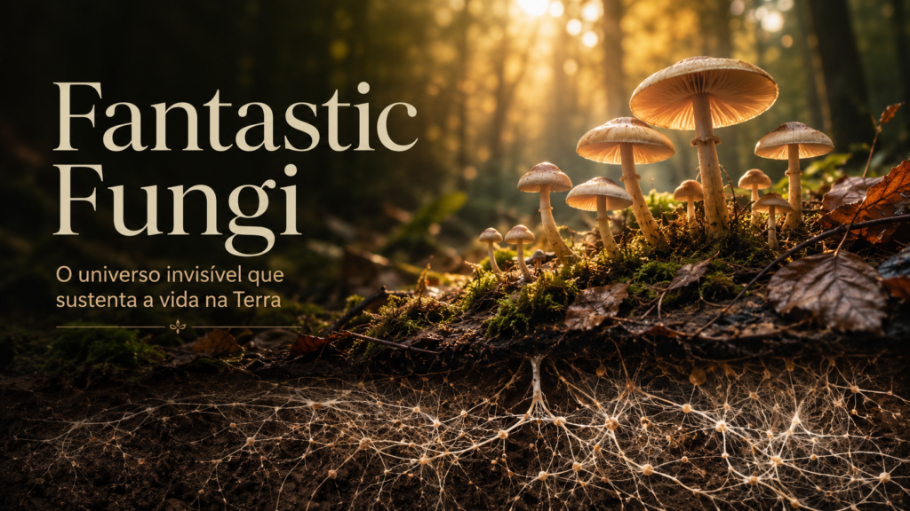 Fantastic Fungi: o universo invisível que sustenta a vida na Terra | Benverde Imagem hero inspirada em Fantastic Fungi, com cogumelos iluminados na floresta, rede de micélio visível sob o solo e o título do post sobreposto na arte.
