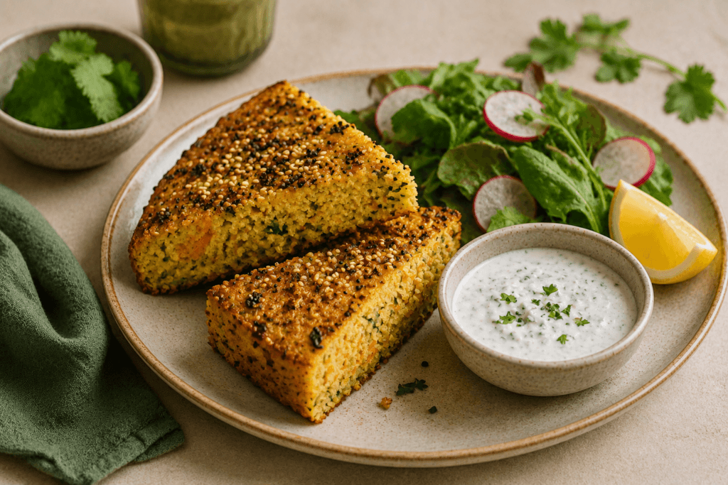 Fatias de handvo servidas com salada fresca e molho de iogurte com ervas