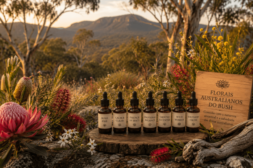 Frascos de essências florais entre flores nativas e vegetação do bush australiano