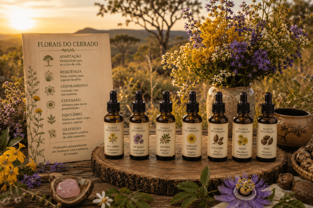 Frascos de essências florais entre flores e vegetação em paisagem do Cerrado brasileiro