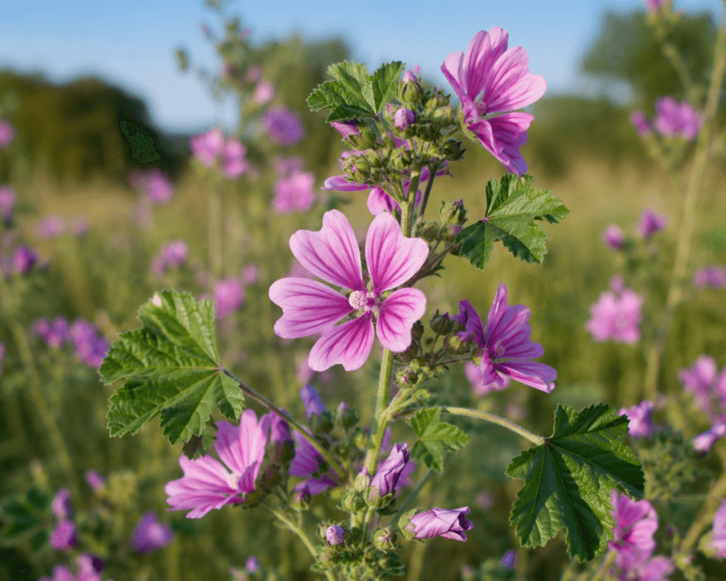 Malva sylvestris na natureza com flores rosadas e folhas verdes lobadas