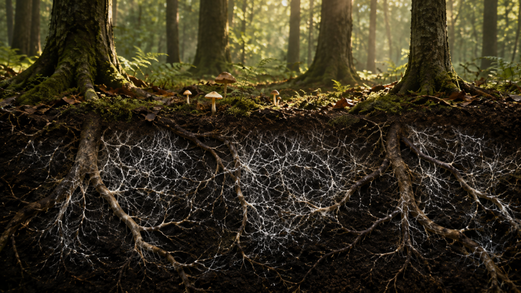 Fantastic Fungi: o universo invisível que sustenta a vida na Terra | Benverde Raízes de árvores conectadas por uma extensa rede de micélio sob o solo da floresta.