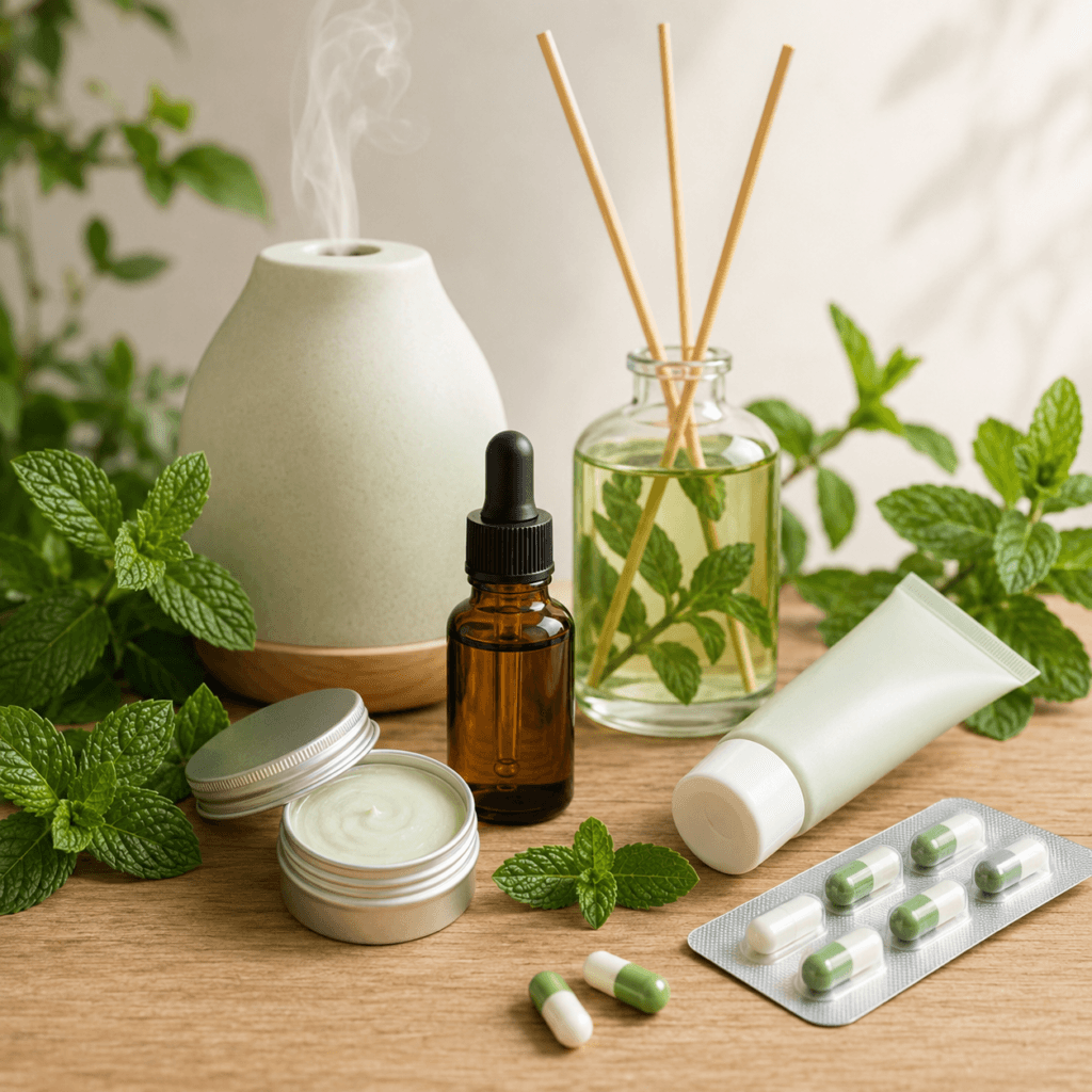 Composição com frasco âmbar, difusor, creme, tubo cosmético, cápsulas e ramos de hortelã representando diferentes formas de apresentação do óleo essencial de hortelã-pimenta.